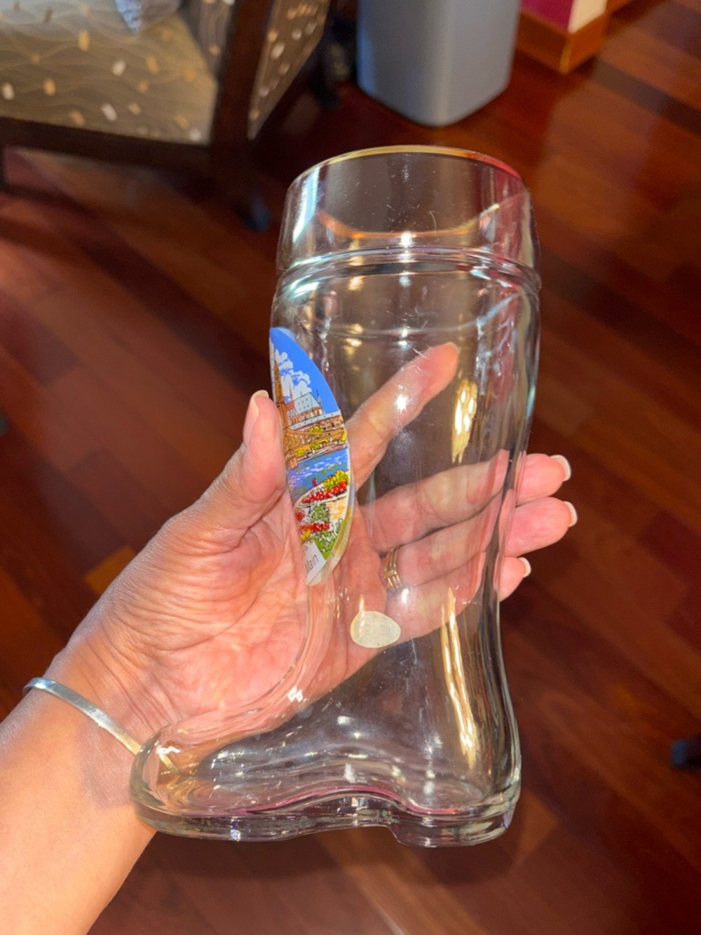 Glass Boot-Shaped Drinking Glass with Scenic Sticker